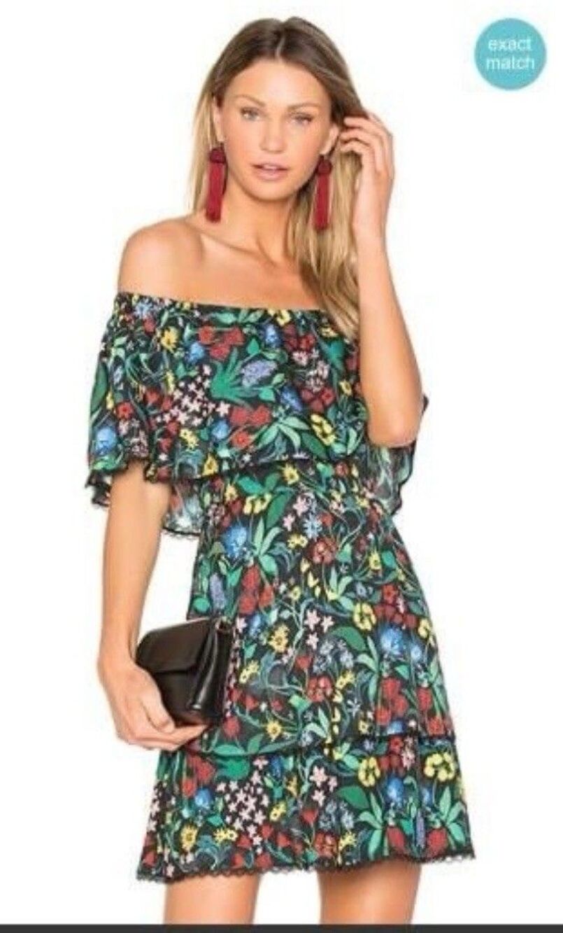 Alice + Olivia Tylie Dress Chelsea Wildflower Black Womens Small Mini Ruffle